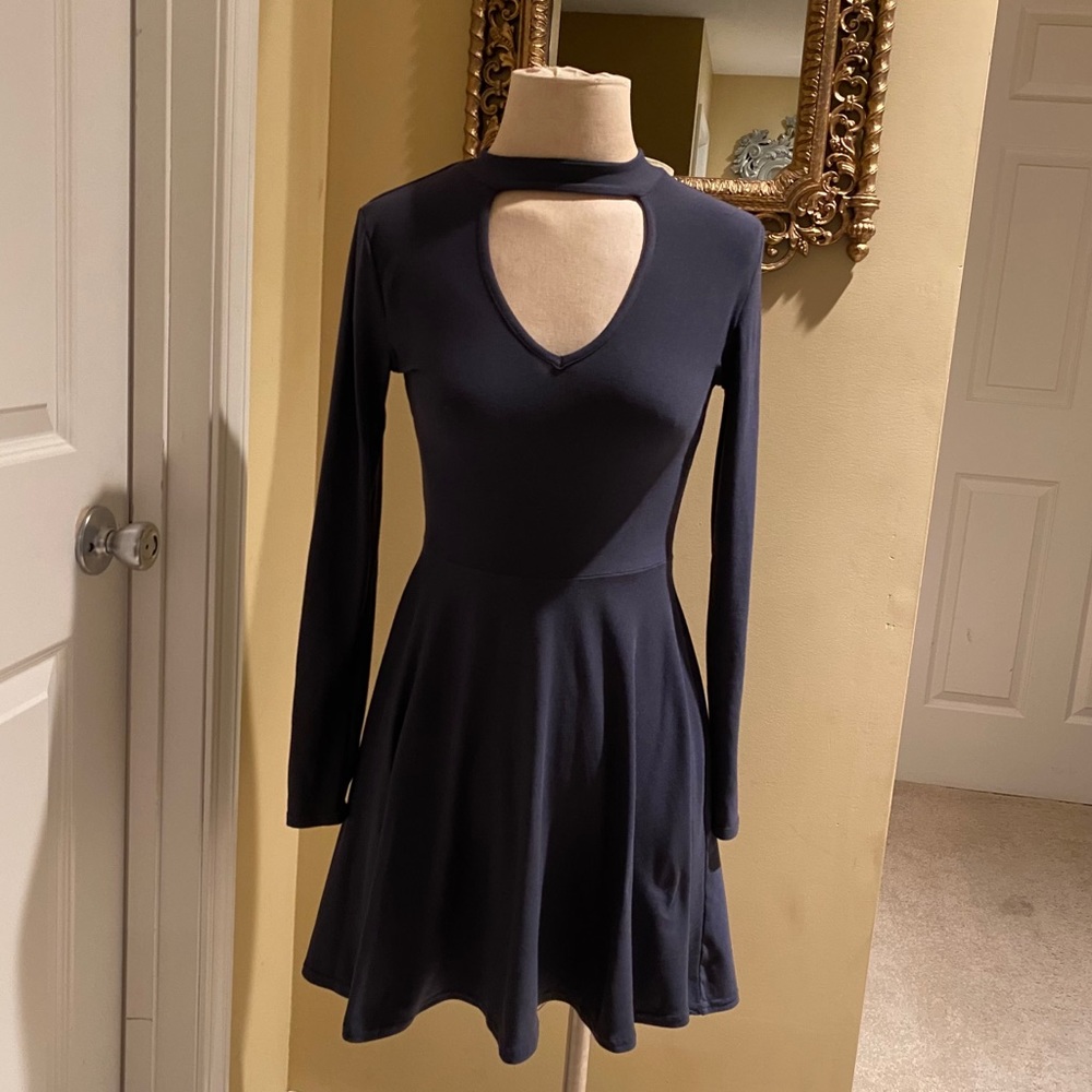 Midnight Blue Knit Dress with Collar & Peek-A-Boo
